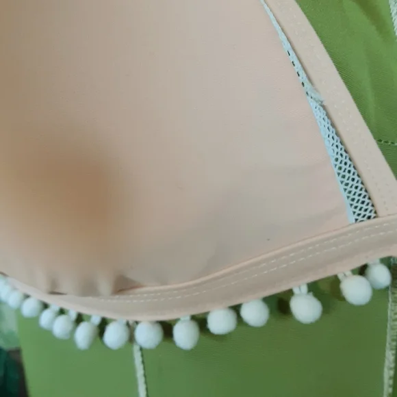 Peach Bikini Top with Mesh & White Pom Pom Tassels - Picture 3 of 8